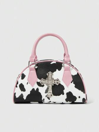 Grunge Punk Women's Fashion Forward Y2K Streetwear Punk Rock Cow Print Patchwork Pink Cross Metal Decor Bowling Bag Tote