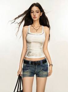 Rina Fox Women's Distressed Ultra Low Rise Denim Shorts