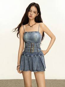 Rivivi 女式时尚街头风牛仔吊带裙，褶边设计，夏季 - 藍色 - 查看 5