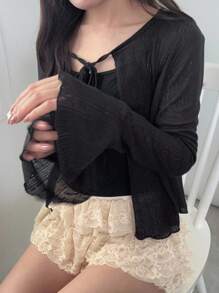 2pcs Women Tight Camisole & Sheer Cardigan Set, Solid Color Cute Top, Autumn Vacation Lounge Sets For Women - Black - View 5