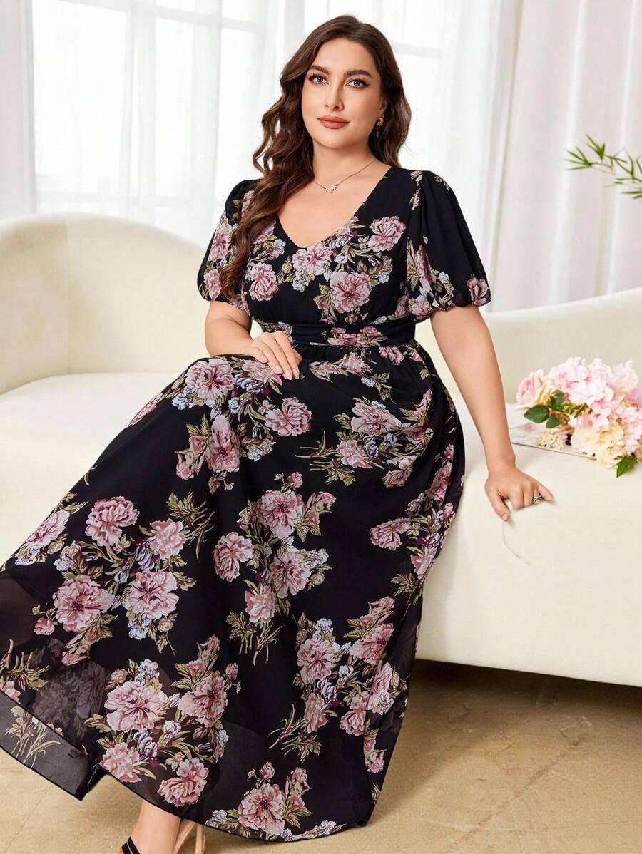 Modelyn Vestido midi de línea A con mangas abullonadas y estampado floral de gasa, talla grande, ajuste regular, primavera/verano - Multicolor - Ver 1