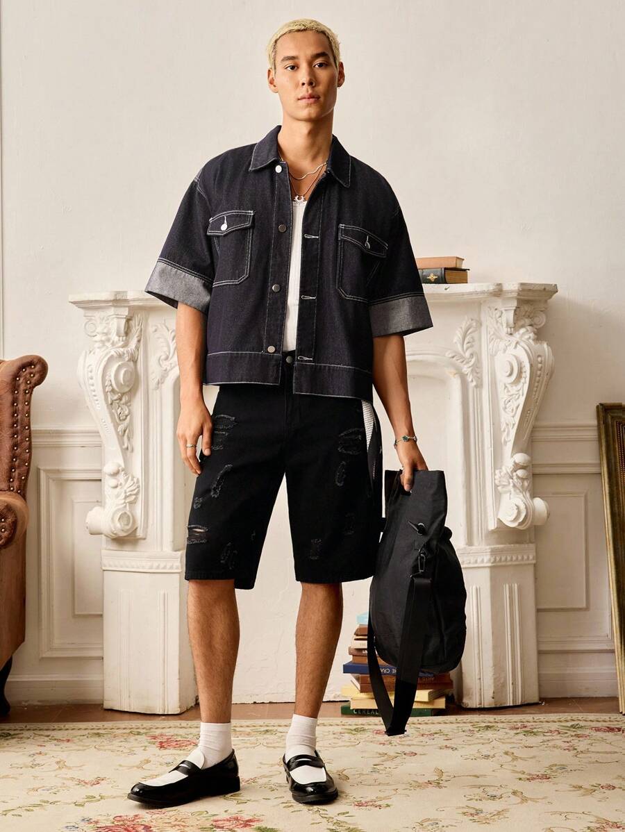 SWAVVY Áo sơ mi denim phong cách công sở thường ngày cho nam - Màu xanh lam - Xem 1