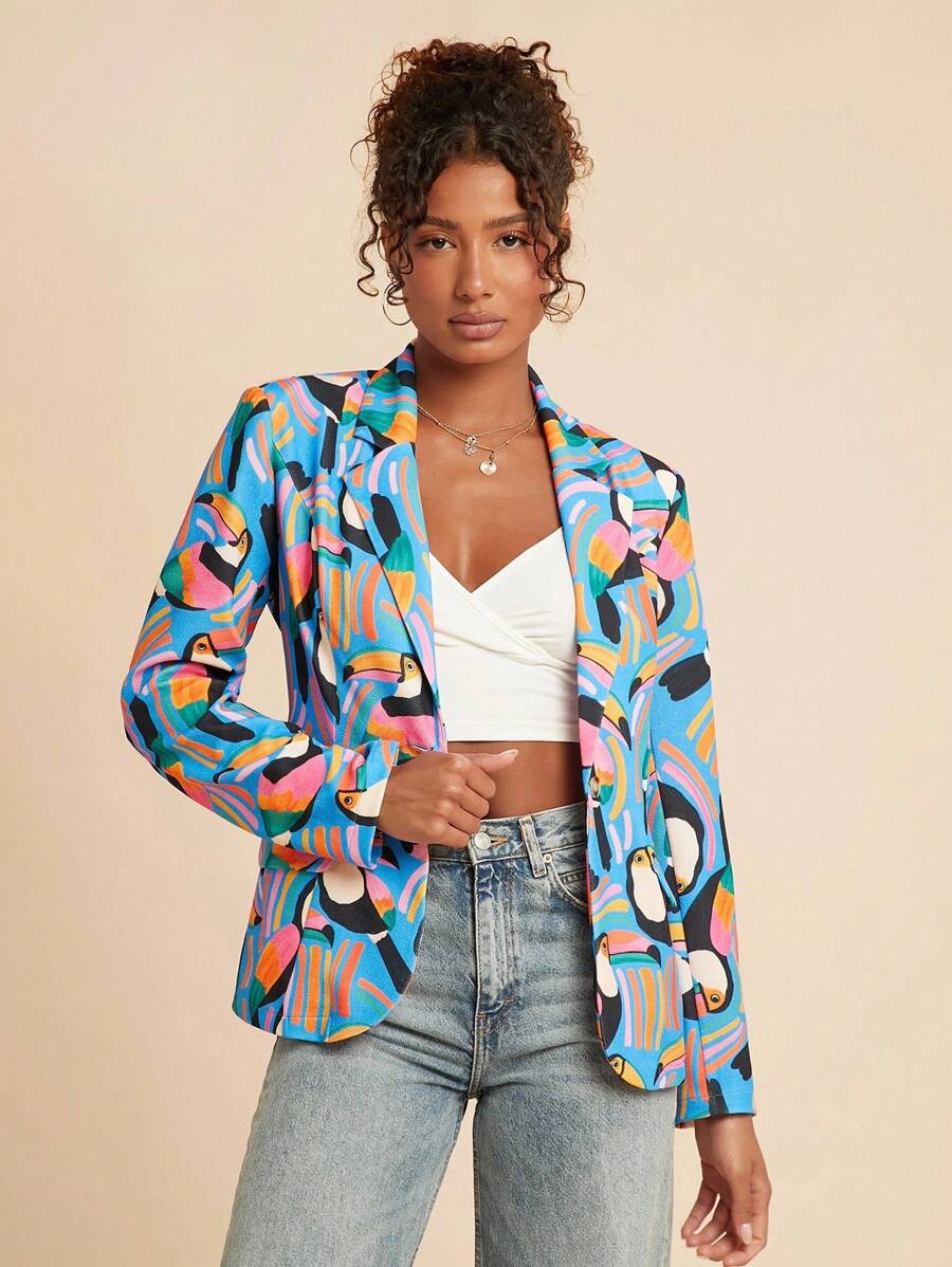 Travachic 女式鹦鹉印花单排扣休闲西装外套、女式西装外套、巨嘴鸟西装外套、印花西装外套、女士西装外套、度假、度假风格、节日庆典、女士海滩、毕业典礼、秋季、秋天、老钱风格、巨嘴鸟西装外套 - 藍色 - 查看 1
