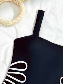 Tween Girl Laser Cutout One-Piece Swimsuit With Cover-Up & Mini Skirt Set - Black - View 5