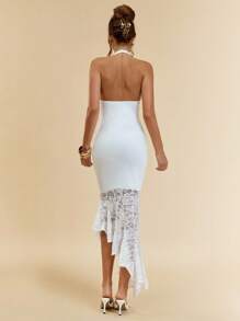 SHEIN BAE Women's White Halter Ruched Bust Semi-Sheer Flared Hem Sexy Elegant Lace Patchwork Knit Dress - White - View 6