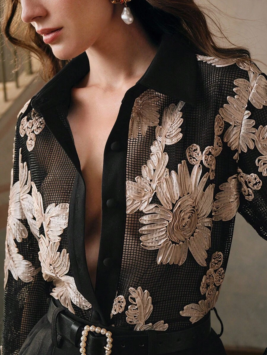 Anewsta 浪漫优雅花卉刺绣半透明休闲衬衫 - 黑色 - 查看 1
