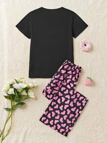 SHEIN 少女字母印花短袖上衣和心形图案长裤睡衣套装 - 黑色 - 查看 2