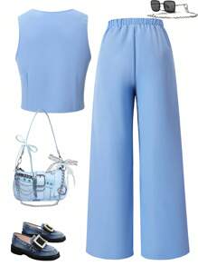 Sparklyn 2 件套青少年女童无袖前开背心开衫和松紧腰阔腿裤休闲套装，夏季 - 藍色 - 查看 2