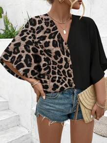 Breezaya Plus Size Women's Elegant Leopard Patchwork Color Blocking Button Decor V-Neck Batwing Sleeve Casual Chic Blouse - Multicolor - View 1