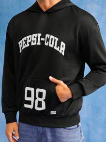 PEPSI X SHEIN 男式字母图案休闲长袖套头连帽衫 - 黑色 - 查看 6