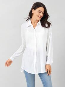 Miaspire 白色女式衬衫落肩纽扣沙滩衬衫 - 白色 - 查看 3