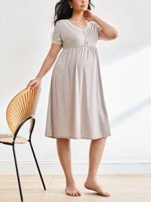 Moonlight&Mama Maternity Contrast Lace Trim Button Front Nightdress For Mother, Pajama Dress - Grey - View 5