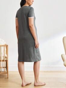 Maternity Contrast Binding Button Front Nightdress For Mother - Grey - View 5