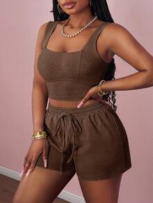 Slaydiva Nuevo conjunto de 2 piezas para verano: Camiseta sin mangas de cuello cuadrado casual y básica, y shorts ajustados con cordones, rayas, bolsillos, cremallera invisible, textura con efecto lavado ácido, para festival de música, Pascua, uso diario, vacaciones, crucero, playa, tomar el sol, estilo callejero, color verde, para mujer - Marrón - Ver 6