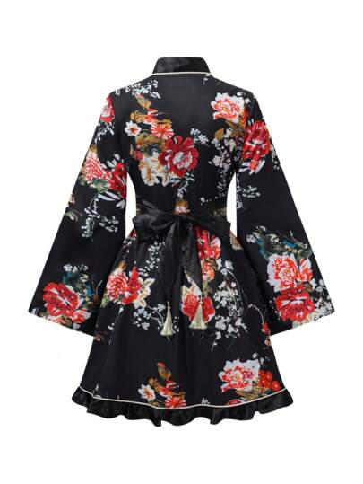 Irokai 花卉印花重叠 V 领喇叭袖和服/长袍