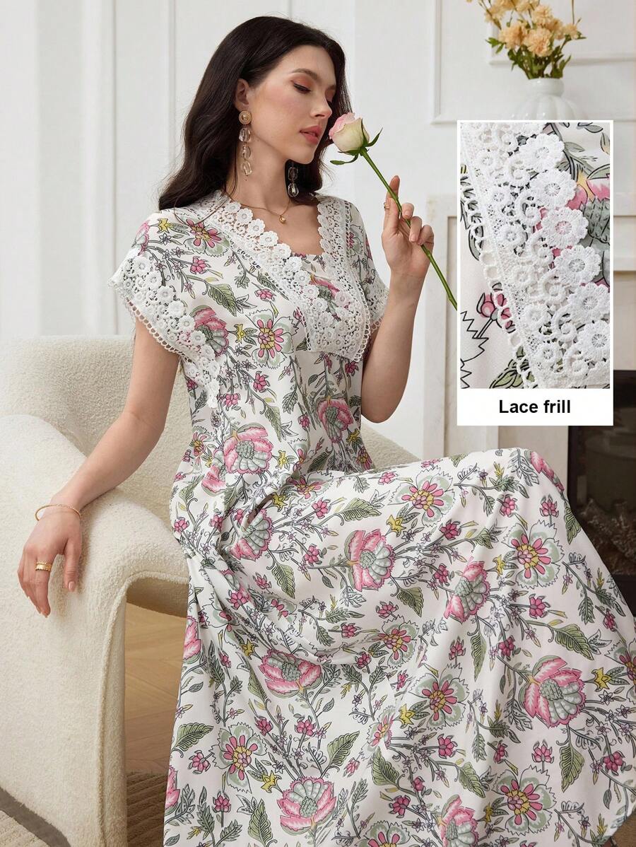 Lacomfia 优雅花卉印花蕾丝拼布短袖连衣裙，女款，春夏