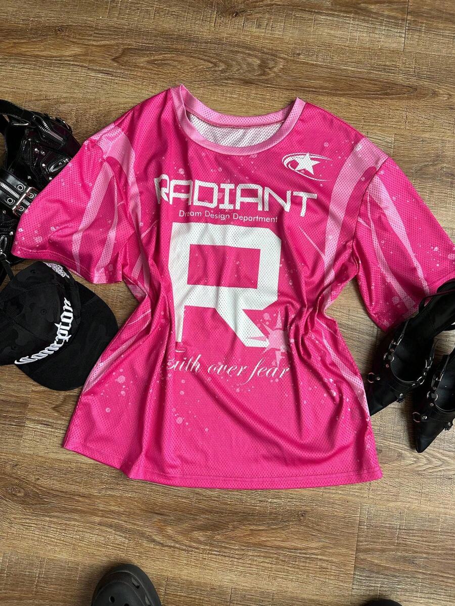 Coolane 女士夏季音乐会狂欢节外出文艺复兴博览会俱乐部街头服饰 Y2K 图案粉色平纹针织 T 恤 - 粉色 - 查看 1