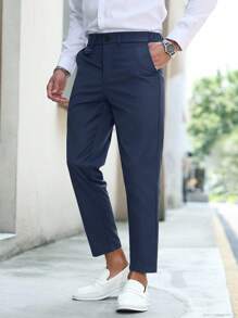 Manfinity Mode Pantalones casuales rectos y holgados de color liso para hombres con bolsillos - Azul Marino - Ver 3