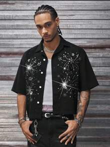 AXEPEAK Men's Fashion Street-Style Rhinestone Button Front Short Sleeve Denim Shirt, Summer - Black - View 1