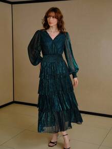 MOTF PREMIUM GLITTER SOLID SURPLICE NECK LANTERN SLEEVE SHIRRED WAIST TIERED HEM DRESS - Blue - View 4