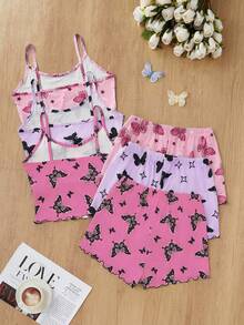 SHEIN 3pcs Set Young Women Casual Butterfly Print Camisole Shorts Pajama Set, Multi-Color Butterfly Pajama Set Two Piece Sleepwear Set Summer Pajama Set Lingerie Sleep Set Bow Pajama Set