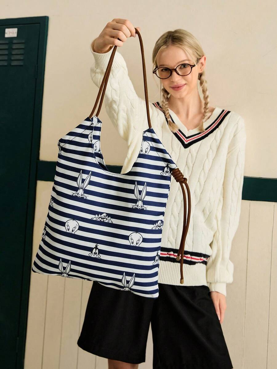 LOONEY TUNES X SHEIN Women Striped Cartoon Rabbit Print Shoulder Bag - Blue - View 1