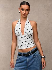 SHEIN BAE Einfaches lässiges Top mit Punkten für Herbst und Winter, geeignet für modische Straßenmode, lässige Tops, italienischen Urlaub, Pendler-Lässig, modische Ausgehtops, Y2K-Top, Off-Shoulder Top, Punkte-Top, Crop Tops - Schwarz und Weiss - Übersicht 5