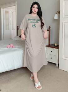 Dazy Plus Plus Size Round Neck Letter Print Loose Straight Nightgown Style Long Tee, For Home Use In Summer Pajama - Apricot - View 3