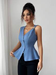 Elenzga New Minimalist Elegant Metal Buckle Design Waist Flattering V-Neck Sleeveless Blouse For Women, Summer