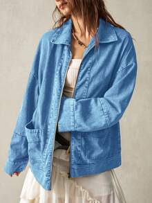 Bohemela Áo khoác nữ tay dài cổ bẻ có túi - Màu xanh lam - Xem 3