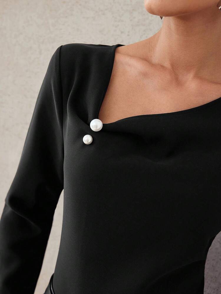 ASYMMETRICAL NECK FAUX PEARL PIN DETAIL LONG SLEEVE SOLID TEE