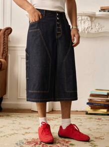 SWAVVY 个性化时尚纽扣口袋阔腿男士牛仔短裤 - 藍色 - 查看 5