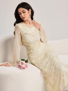 Modelyn Damen Mode 3D Blumen Dekor Midi-Kleid, Kleid mit gemischtem Material Paneel Splice, Stilvolle lässige Damen Outfits für Herbst, Süße, bescheidene Vintage Damen Outfits, Outfits für Schulanfang, Schulanfang Kleider, Outfits für Lehrerinnen