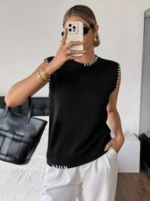 SHEIN Frenchy Gilet tricoté à col rond décontracté pour femmes, avec couture contrastée. Pull tricoté, convient pour les déplacements quotidiens. Superposition pour l'automne, nouvelles arrivées pour l'automne et l'hiver, pour le port quotidien et la superposition, retour à l'école, automne femmes, hauts mignons, hauts de sortie femmes, femmes old money, tenue décontractée femmes, toutes saisons - Noir et Blanc - Voir 3