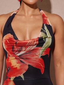 Silquee Summer Knit Dresses Warm Red Floral Print Dress Pink Anthurium Print Dress Tiger Lily Print Dress Printed Mesh Halter Dress, Floral Maxi Dress, Women's Summer Clothing, Women's Beachwear, Women's Beachwear, Spring Break Dresses, Summer Maxi Dresses, Holiday Maxi Dresses, Women's Summer Dresses - Multicolor - View 6