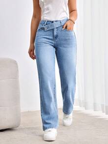 SHEIN Tall 休閒做舊重疊腰頭寬鬆直筒牛仔褲，適合高個女性 - 中等水洗藍 - 查看 4