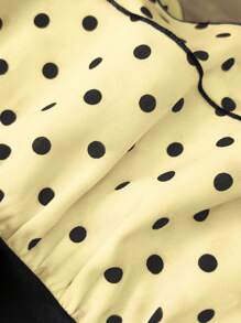 SHEIN Unity 可爱甜美波尔卡圆点撞色蕾丝修身多层荷叶边吊带背心，夏季 - 黃色 - 查看 6