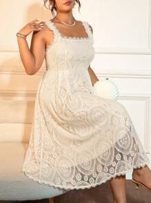 Cravure Square Neck Ruffle Hem Hollow Out Lace Summer Dress - Apricot - View 1