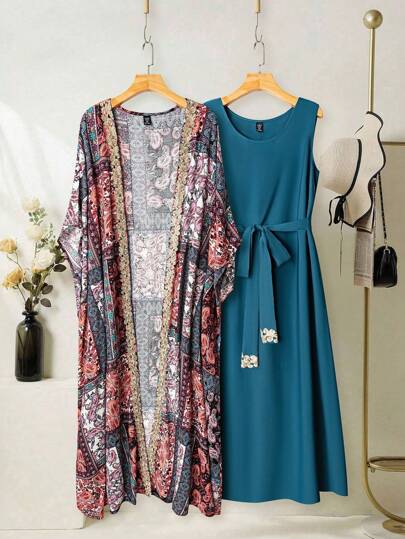 Al Najma Damen Große Größen Blume Muster Fledermausärmel Cardigan & ärmelloses Kleid Arabischer Stil