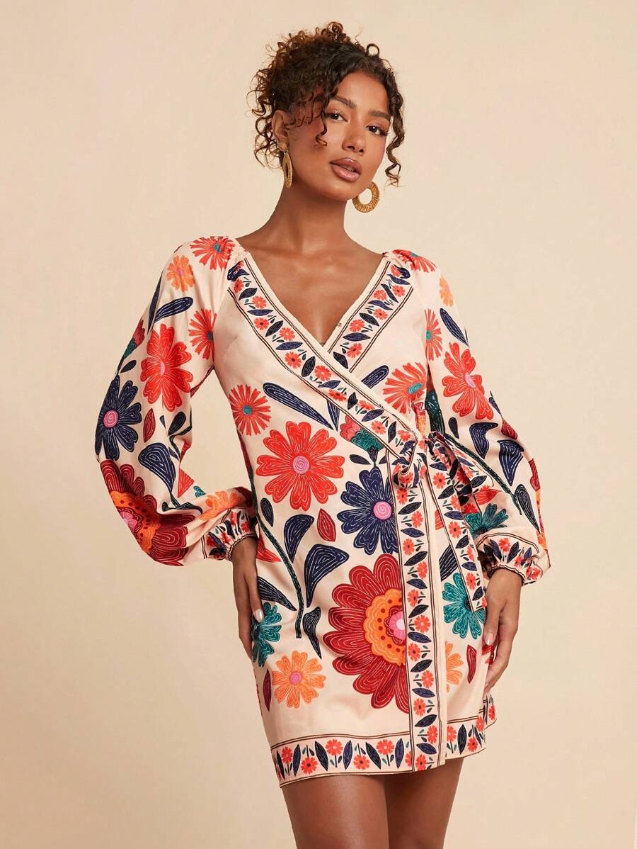 Travachic Women's Casual Floral Print Tie-Front Mini Wrap Dress, Resort Wear,Fall Women Clothes,Fall Clothes,Wrap Dress,Vacation,Homecoming Dress - Apricot - View 1