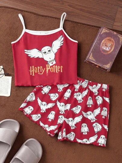 HARRY POTTER X SHEIN Tween Girl Cartoon Owl Print Red Loose Camisole And Shorts Pajama Set, Comfortable Flame Retardant Fabric For Summer