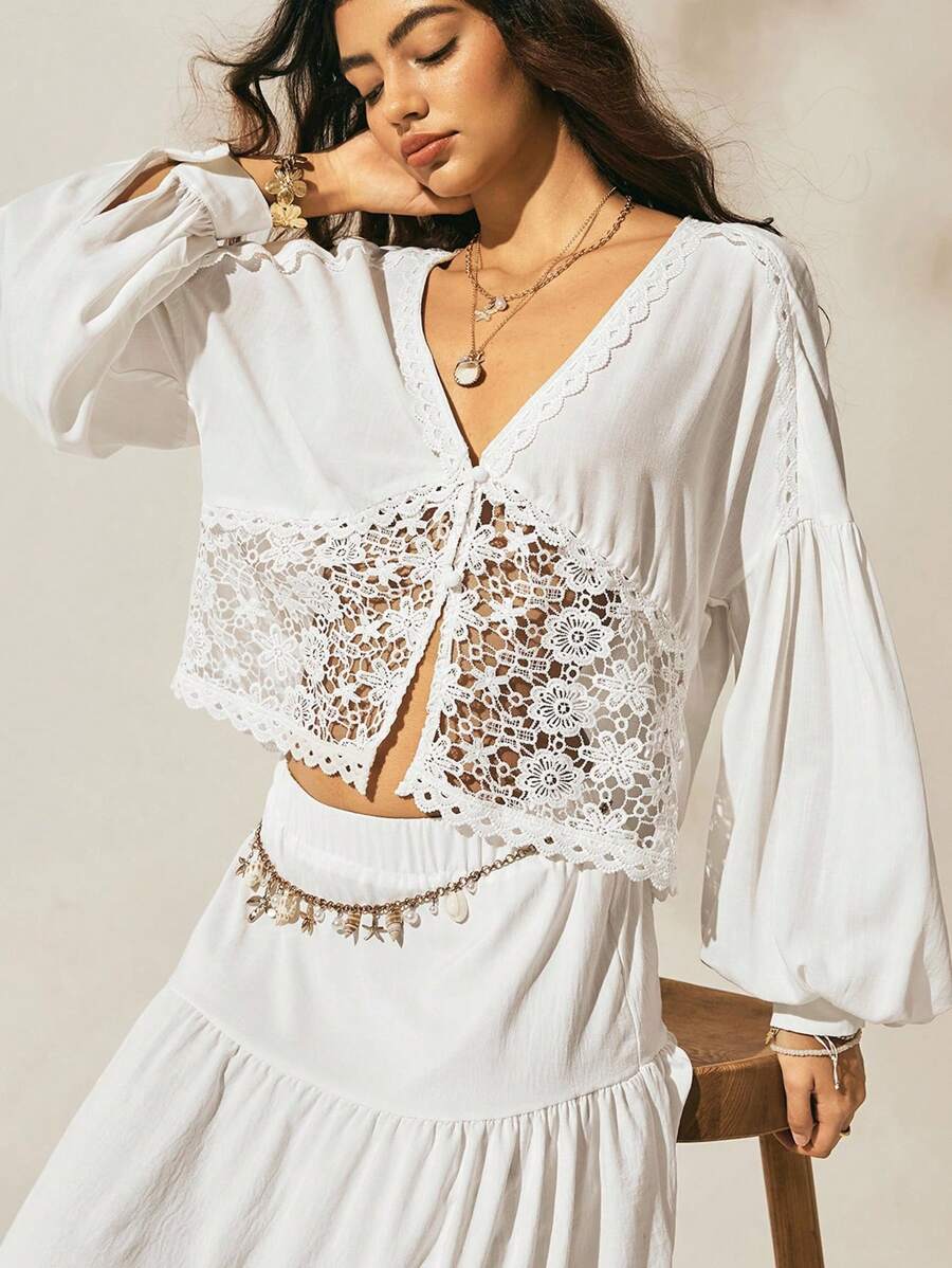 Easelle 女式白色编织波西米亚风度假全白蕾丝拼接灯笼袖衬衫钩针编织秋季乡村音乐会 - 白色 - 查看 1