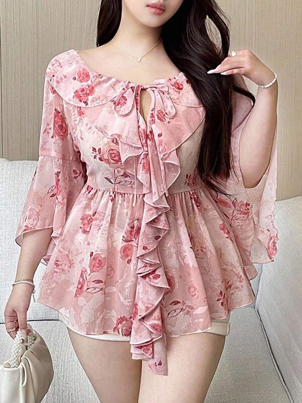 Vibekara Blusa feminina plus size de chiffon com babados e amarração frontal, manga irregular, estampa floral, elegante, casual, para férias, encontros e festas