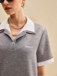 SHEIN Unity 女式拼色 Polo 迷你连衣裙 返校服饰 - 灰色 - 查看 5
