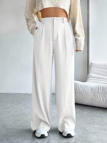 SHEIN EZwear Pantalones de traje de cintura alta y pierna ancha de color negro para otoño/invierno - Blanco - Ver 1