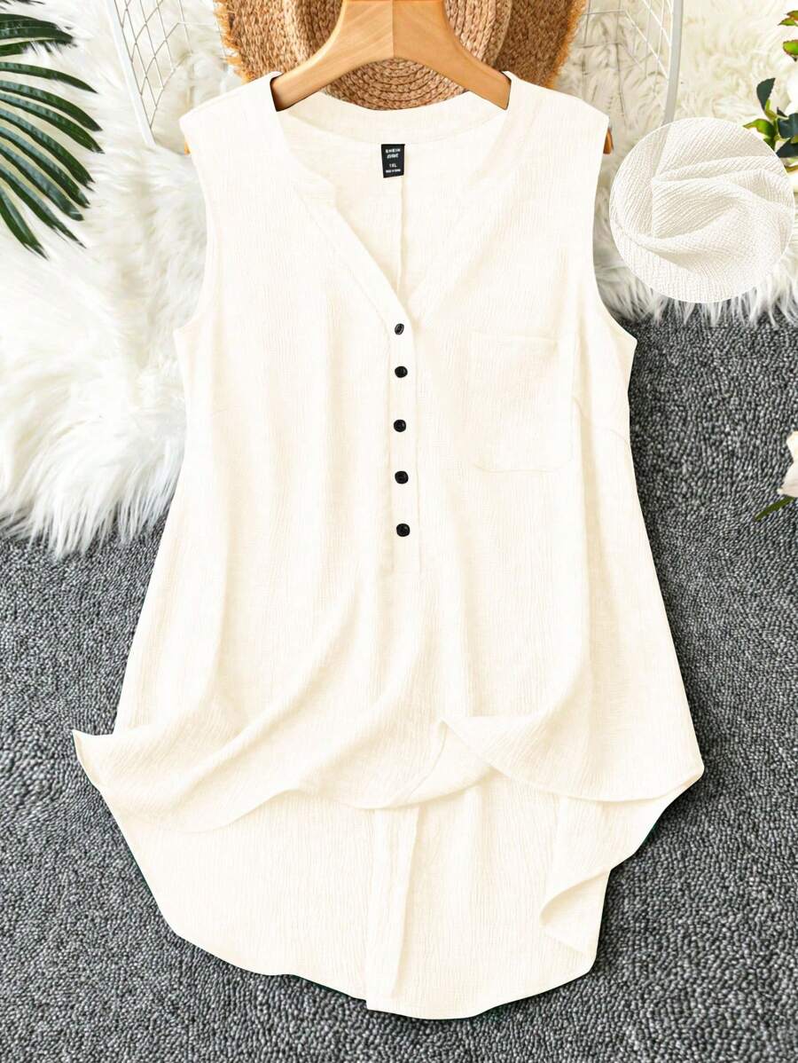 SHEIN LUNE Plus Size Women's Plain Button Half Placket Sleeveless Casual Shirt - Apricot - View 1