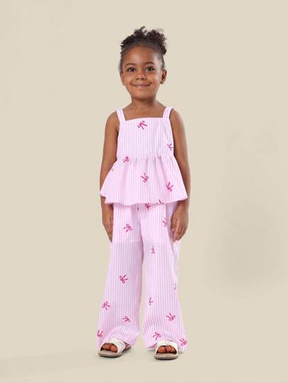 SUMWON Ensemble coordonné haut à volants et pantalon avec imprimé nœud pour filles, col carré, été, vacances, plage, taille élastique, jambes larges. Tenue de vacances pour enfants