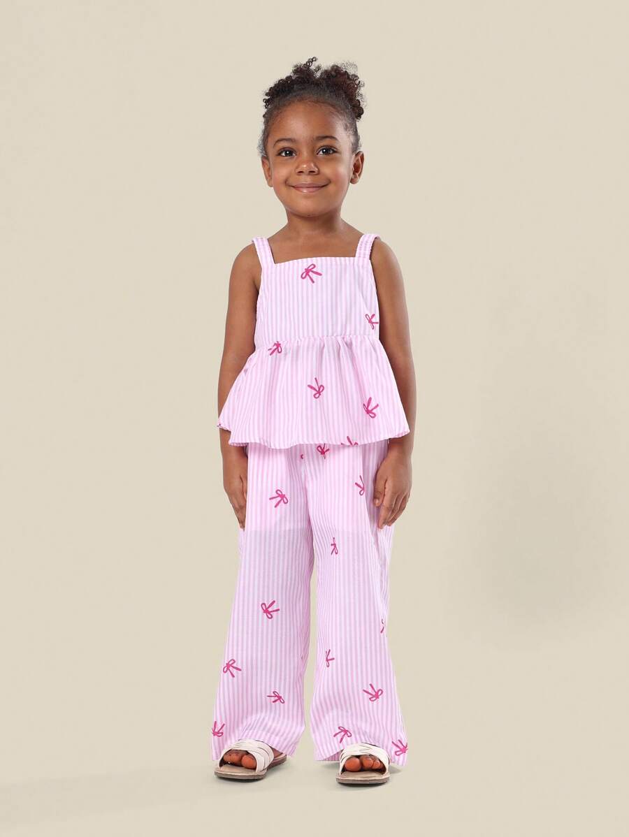 SUMWON Ensemble coordonné haut à volants et pantalon avec imprimé nœud pour filles, col carré, été, vacances, plage, taille élastique, jambes larges. Tenue de vacances pour enfants
