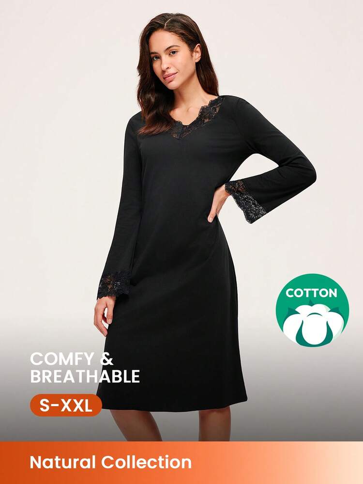 Soft Black Airy 100% Pure Cotton V-Neck Lace Elegance Trim Long Sleeve Nightgown Slip Dress Lingerie Lace Elegance Cozy Pajamas& Pyjamadressing Cotton Pajamas Summer Dresses For Women