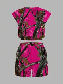 Slaydiva 2025 Spring-Summer Casual Minimalist Set, Women's Pink Camo Graphic Print Round Neck Sleeveless Top And Shorts Set, Suitable For Summer And Vacation Suitable For Going Out - Multicolor - View 2